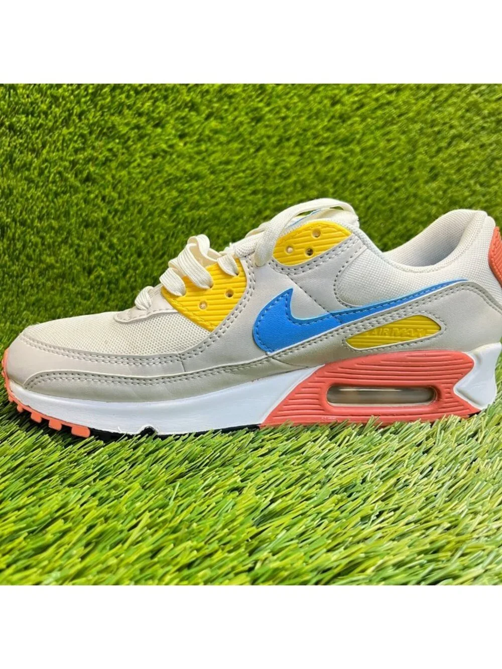 Nike Air Max 90 Womens Size 7.5 Beige Blue Orange Athletic Running Shoes Sneaker